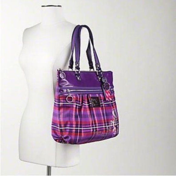 Coach Limited Edition Poppy Purple Tartan Plaid Large Glam Tote Bag - Picture 3 of 10
